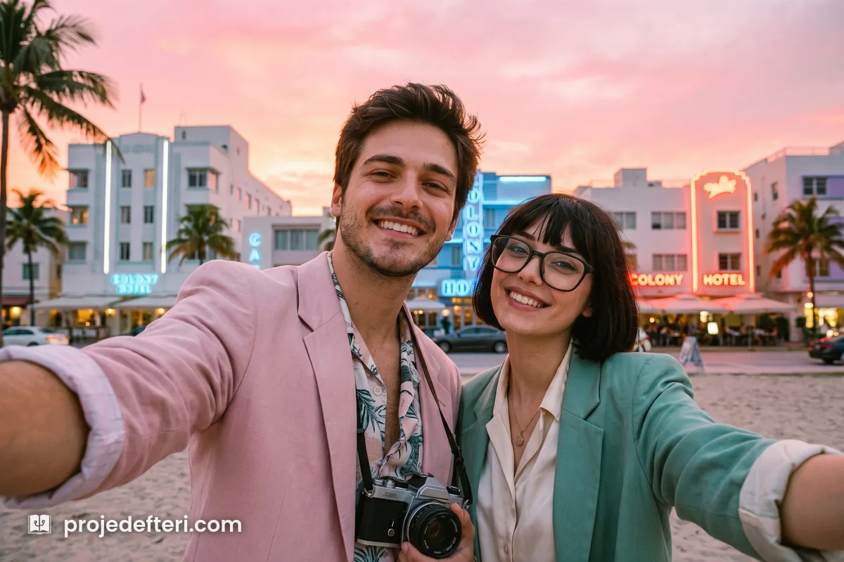 80'ler akımı Miami teması: gün batımında pastel blazer giymiş iki kişi, arkada art deco binalar ve pembe turuncu gökyüzü.