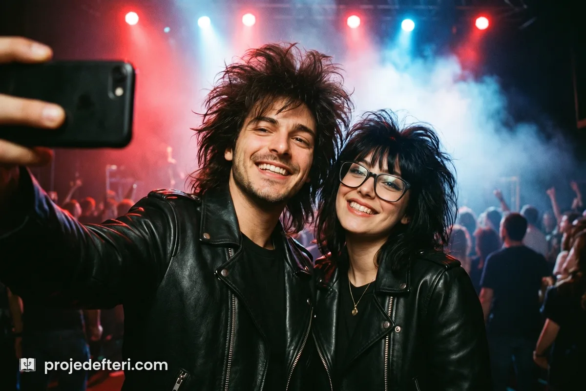 80'ler akımı rock sahnesi teması: deri ceketli iki kişi, sahne dumanı ve arkadan gelen renkli spot ışıkları.