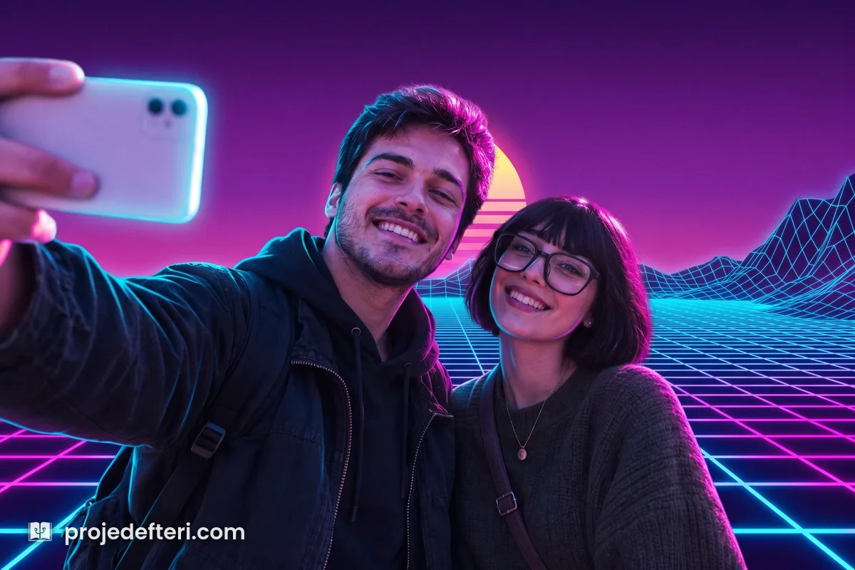 80'ler akımı synthwave teması: mor pembe degrade ve ufka giden neon ızgara önünde iki kişi.