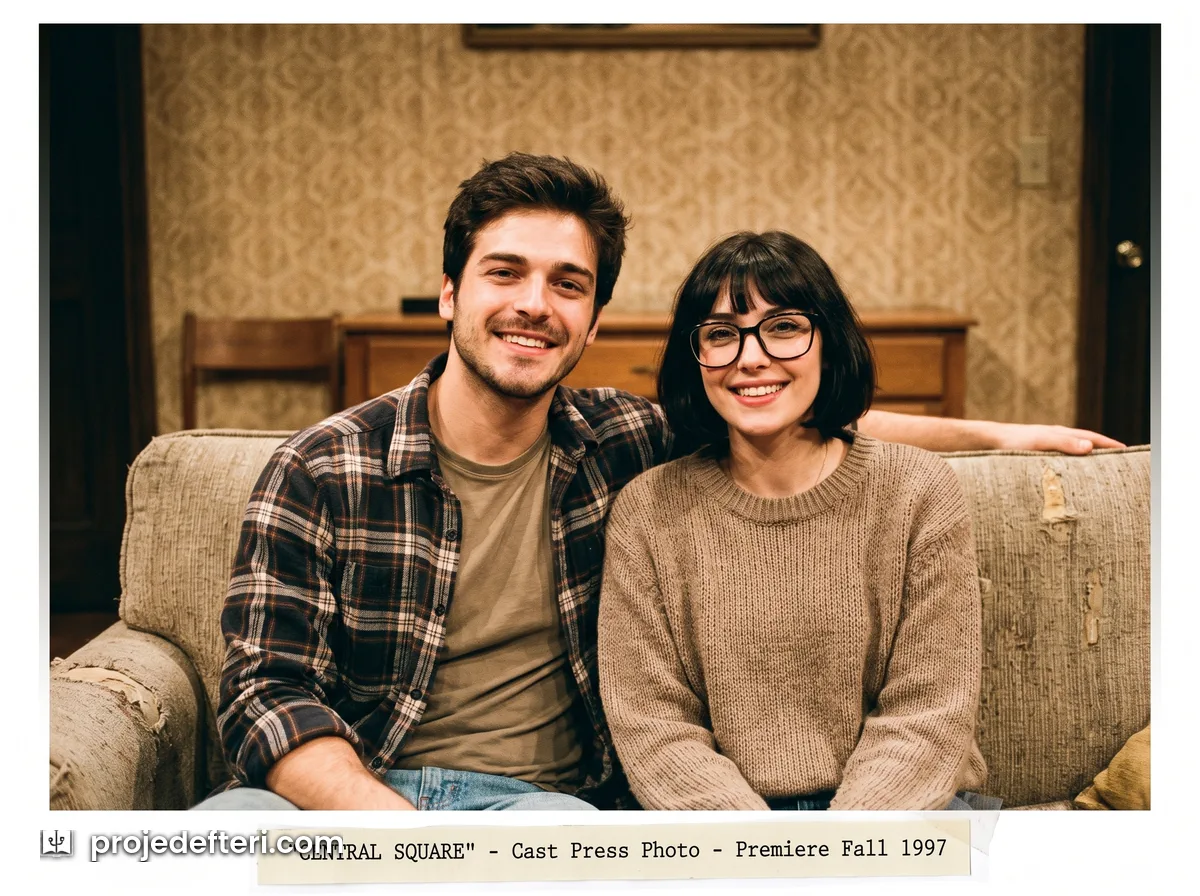 90'lar akımı, sitcom teması: dizi kadrosu tanıtım fotoğrafı gibi kanepede oturan iki kişi.