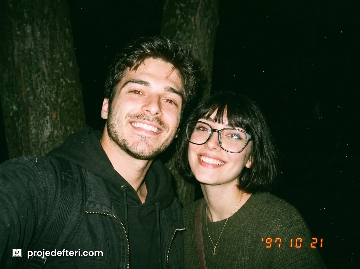 90'lar akımı, tek kullanımlık fotoğraf makinesi teması: sert flaşla çekilmiş, köşesinde turuncu tarih damgası olan iki kişilik kare.