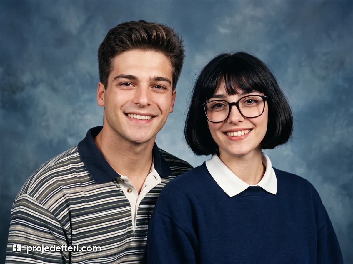 90'lar yapay zeka fotoğraf akımı, okul yıllığı portresi: benekli mavi gri fon önünde, dönemin saç ve kıyafetiyle iki kişi.