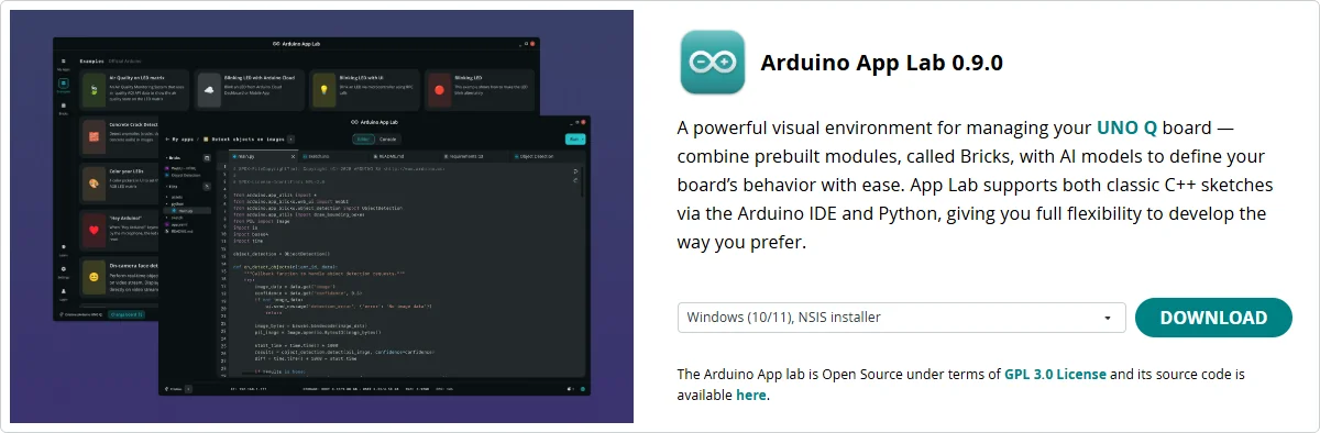 The Arduino App Lab 0.9.0 section on the arduino.cc download page, showing the visual environment built around Bricks and AI models plus the Windows 10/11 NSIS installer option