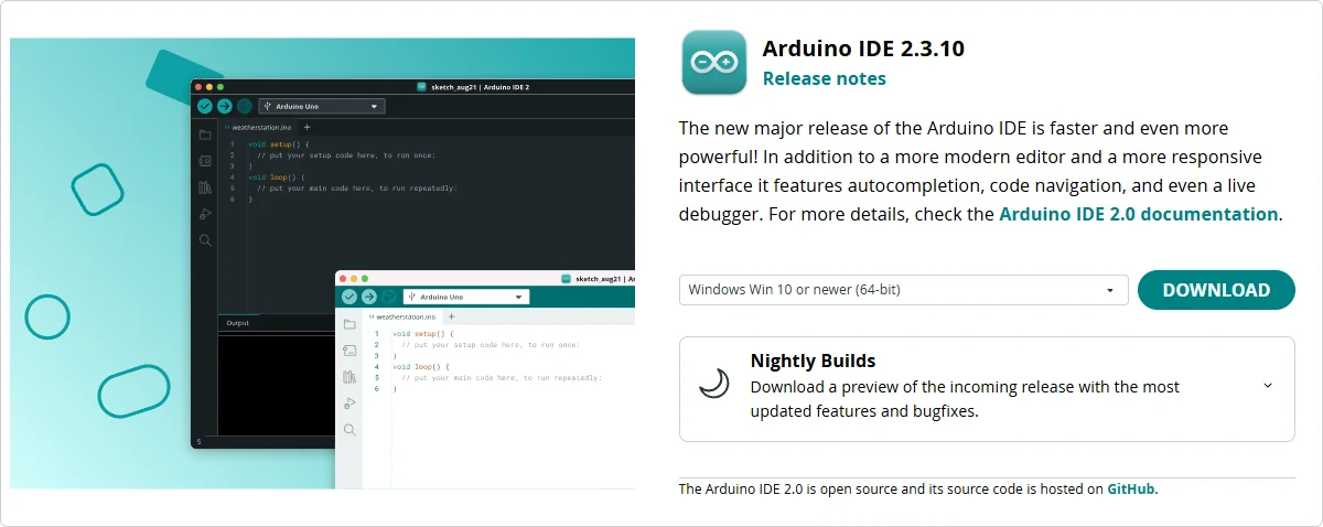 The Arduino IDE 2.3.10 section on the arduino.cc software page, showing the operating system dropdown, the DOWNLOAD button and the Nightly Builds box