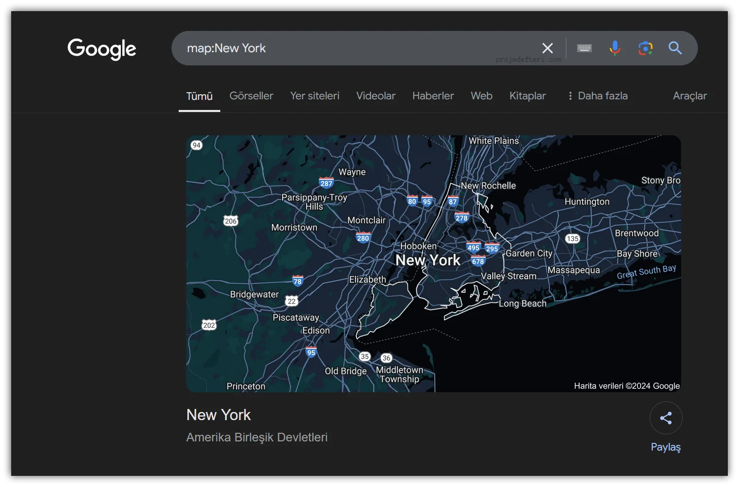 Google map: operatörü ile New York şehrinin haritasını görüntüleme örneği