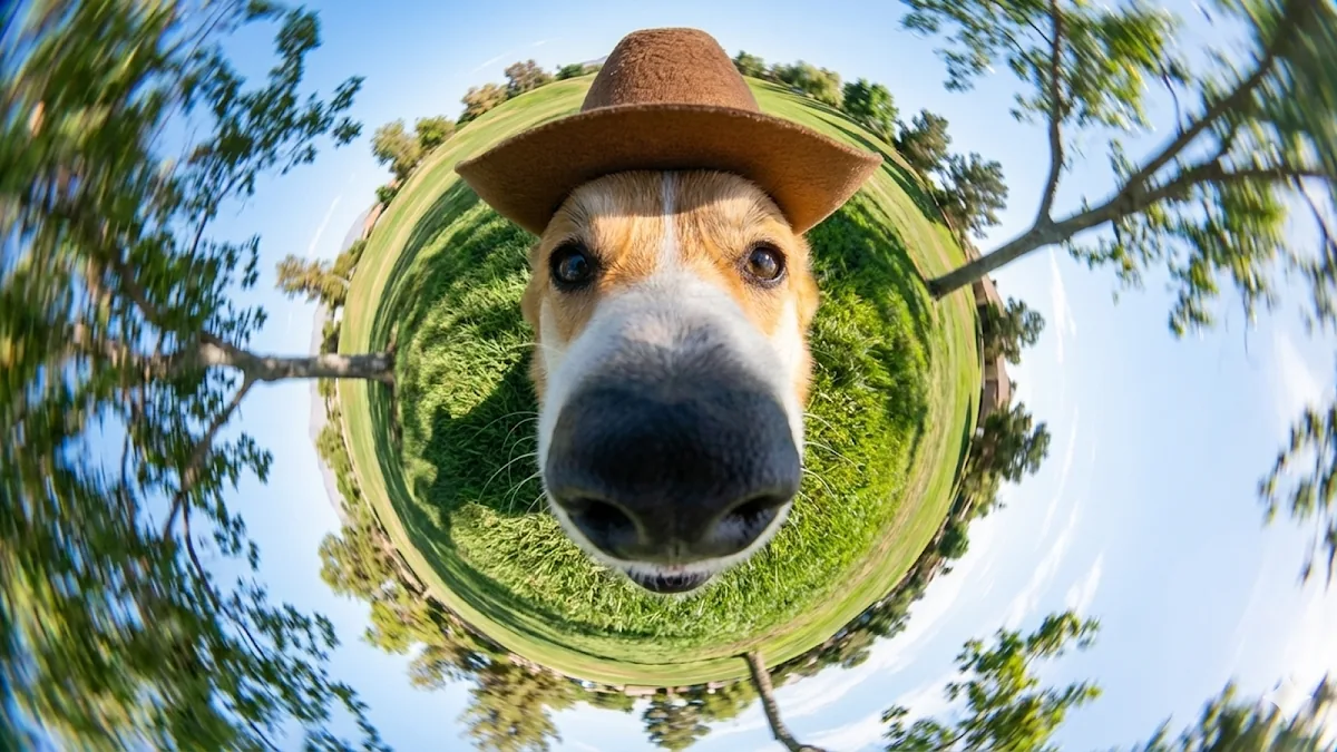 The same dog shot through a fisheye lens with a tiny-planet effect, the horizon bent into a circle.