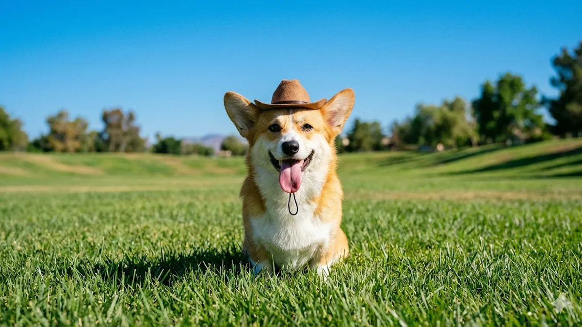A corgi in a cowboy hat photographed at eye level on a green lawn.