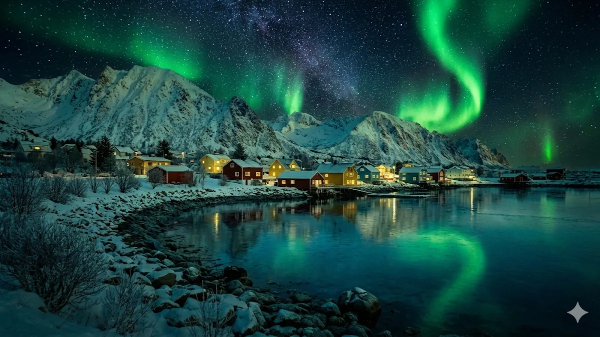 The same village at night with the northern lights overhead, warm light in the windows and reflections on the water.