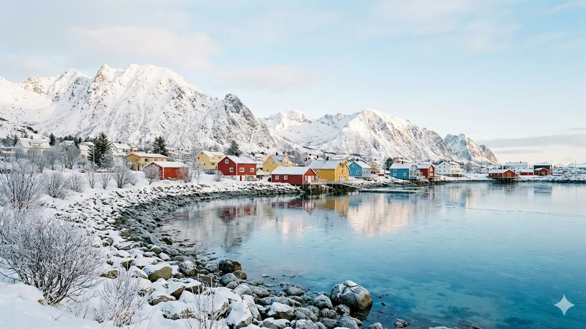 A snowy Scandinavian fishing village in daylight: red and yellow houses with snow-covered mountains behind.