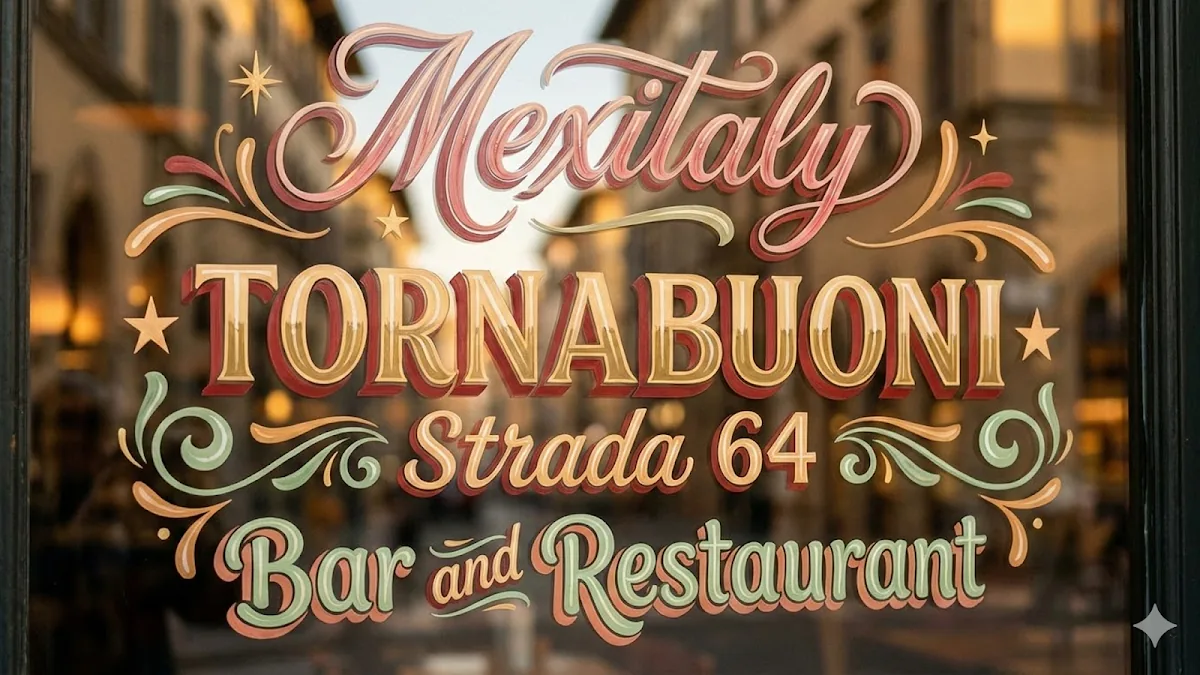 A restaurant storefront sign generated with Nano Banana 2, reading Mexitaly Tornabuoni Strada 64 Bar and Restaurant in ornate script and serif lettering.