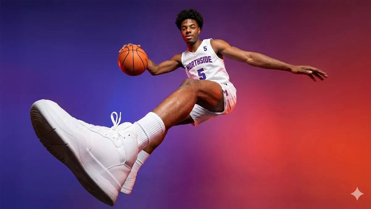 A dynamic basketball portrait shot mid-air against a purple and red gradient backdrop.
