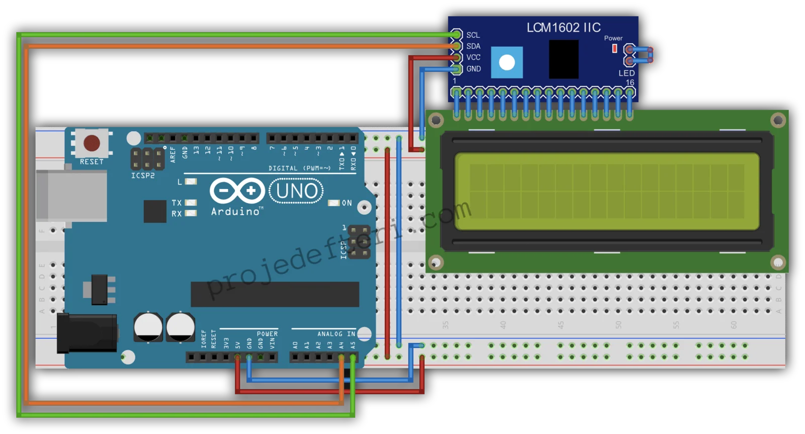 I2C LCD bağlantı şeması: Arduino Uno ile 16x2 LCD ekran ve I2C modülü pin düzeni (SDA A4, SCL A5)