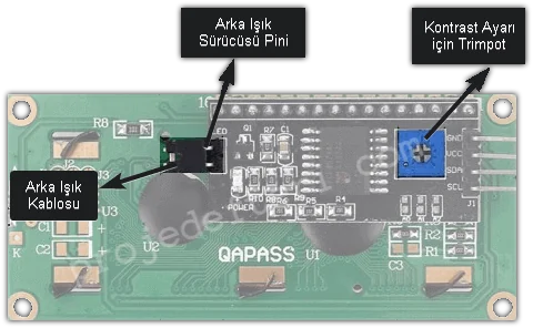 16x2 LCD ekran kontrast ayarı için I2C modülü üzerindeki mavi trimpot