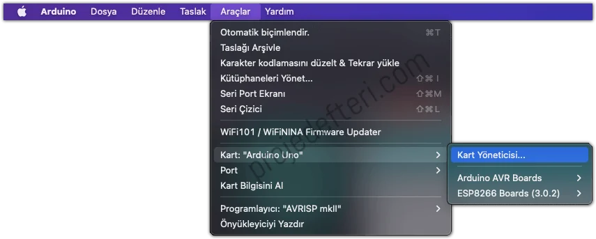 Arduino IDE Kart Yöneticisi (Boards Manager) penceresi