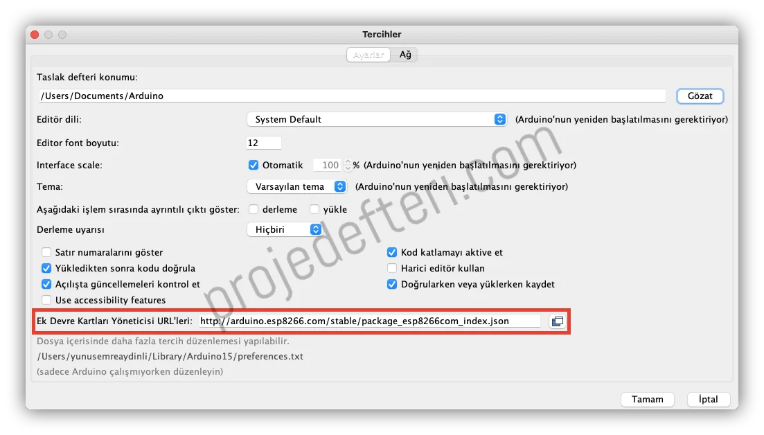 Arduino IDE Ek Devre Kartları Yöneticisi URL giriş alanı