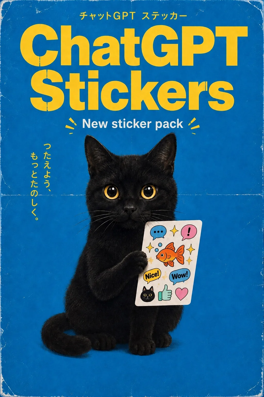 A blue sticker-pack cover with Japanese and English text and an illustrated black cat holding a sheet of stickers.