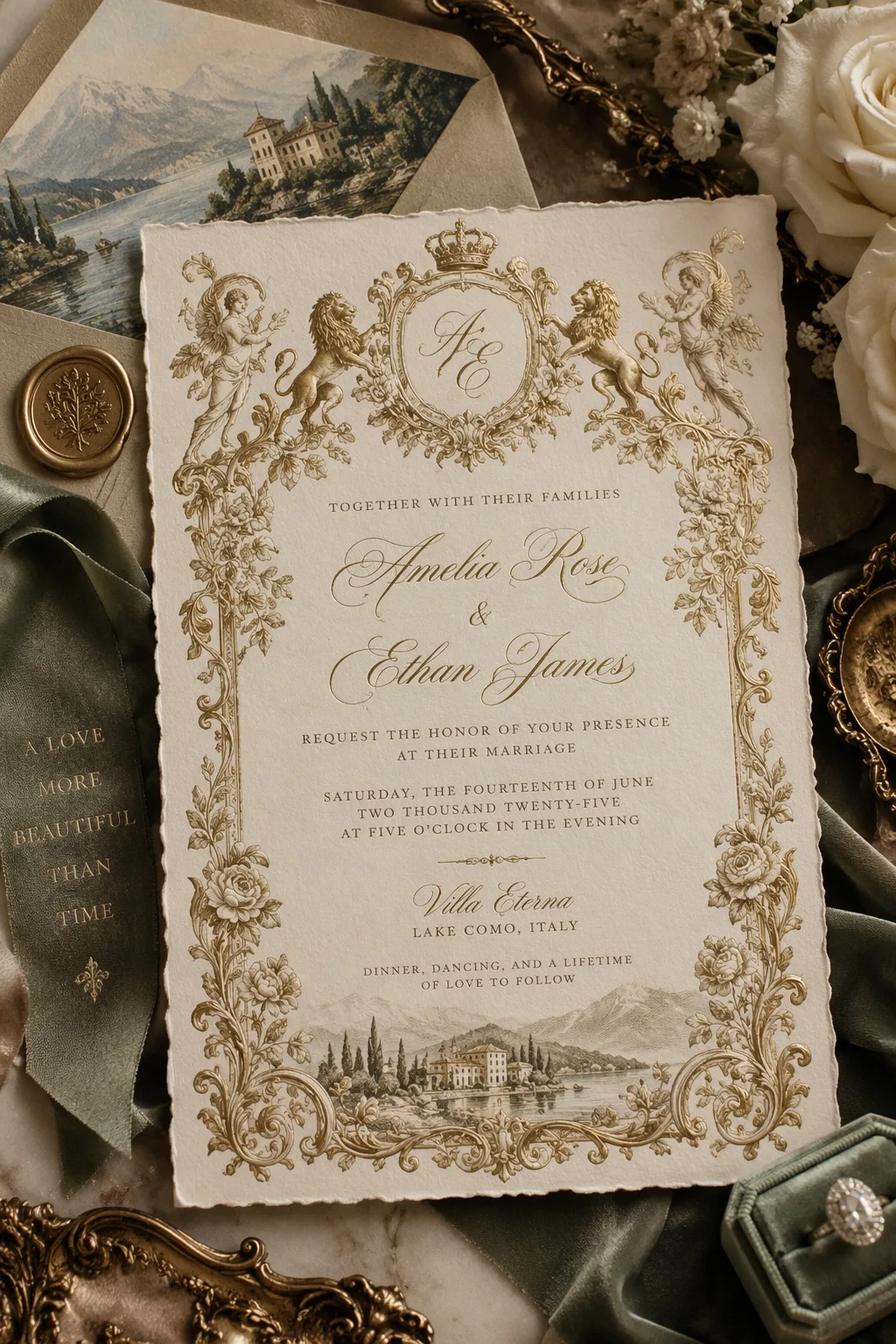 An ornate gold-foil wedding invitation with script typography, resting on velvet fabric and vintage photographs.