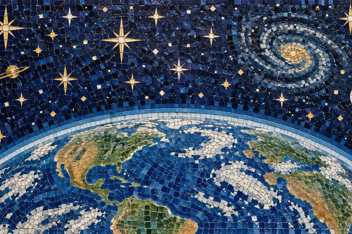 A mosaic-style image of Earth seen from space, with stars and a spiral galaxy rendered in small glass tiles.