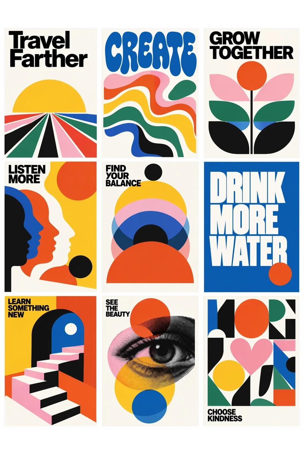 A nine-poster grid in a mid-century modern style, with geometric shapes and legible slogans.