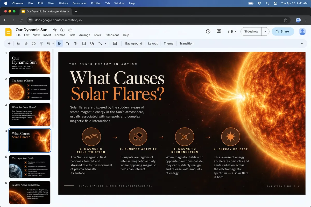 A presentation slide explaining solar flares, with a heading, a four-step icon diagram and a high-resolution image of the Sun.