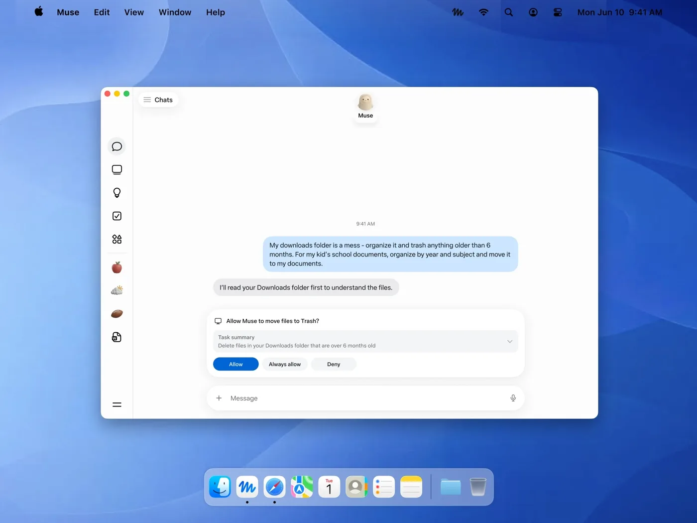 Muse running on macOS: the user asks it to organise the Downloads folder, and the app shows an Allow, Always allow or Deny prompt before moving files to Trash.