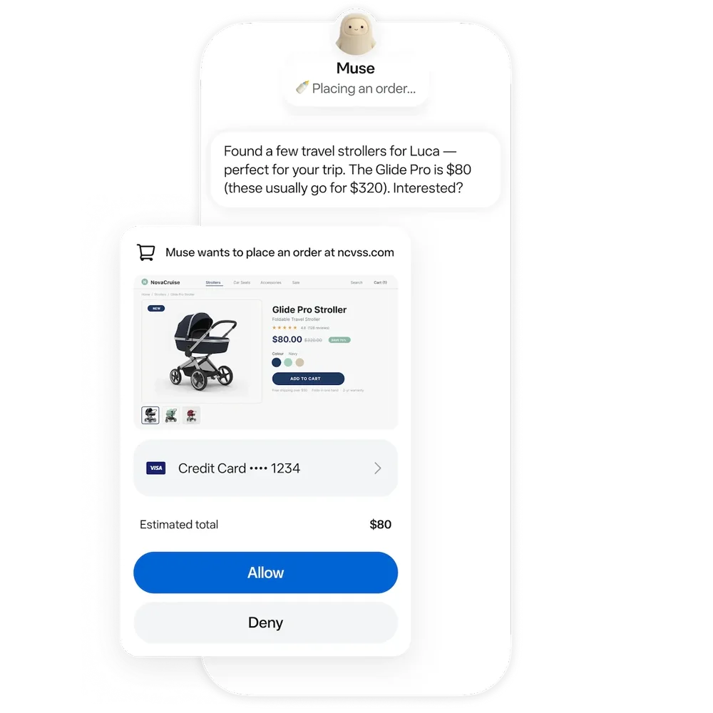 Muse purchase approval on a phone: it found a travel stroller for $80, shows the storefront, the card ending 1234 and an $80 estimated total, with Allow and Deny buttons.