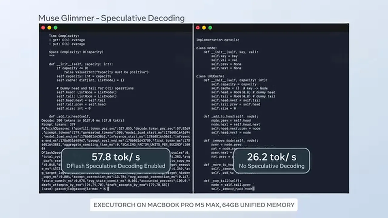 Two terminals side by side on a MacBook Pro M5 Max: 57.8 tokens per second with DFlash speculative decoding enabled, 26.2 without