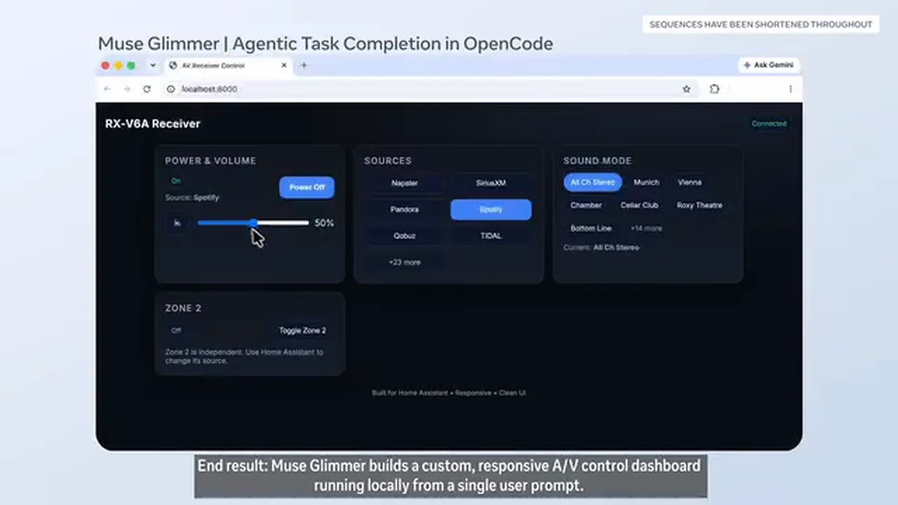 The Home Assistant A/V receiver control dashboard Muse Glimmer built inside OpenCode from a single prompt, with power and volume, sources and sound mode cards