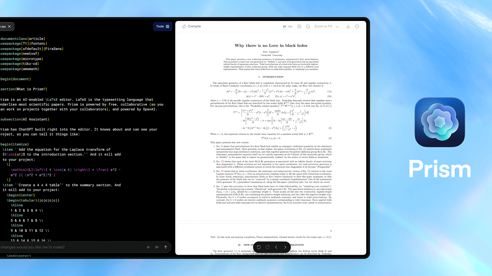 OpenAI Prism çalışma alanı arayüzü; bilimsel yazım için LaTeX editörü, yapay zeka sohbet asistanı paneli ve eş zamanlı PDF önizlemesini yan yana gösteriyor.