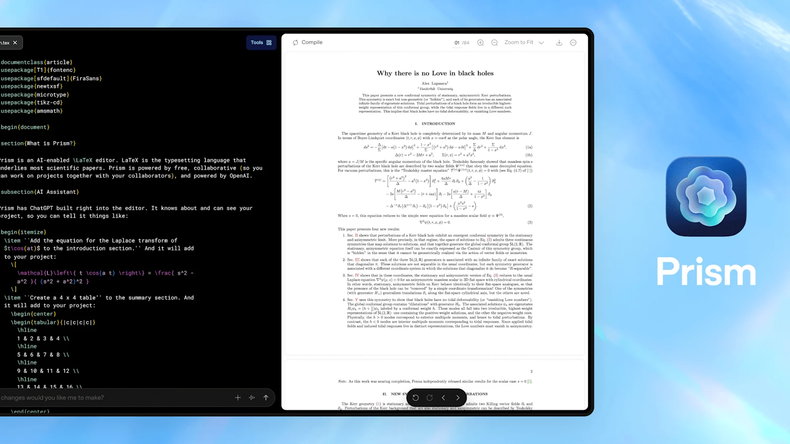 OpenAI Prism workspace interface displaying the LaTeX editor, AI chat assistant panel, and real-time PDF preview side-by-side for scientific writing.