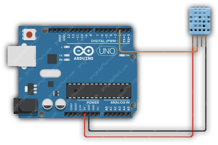 DHT11 bağlantı şeması: Arduino Uno ile DHT11/DHT22 sıcaklık ve nem sensörü devre bağlantısı
